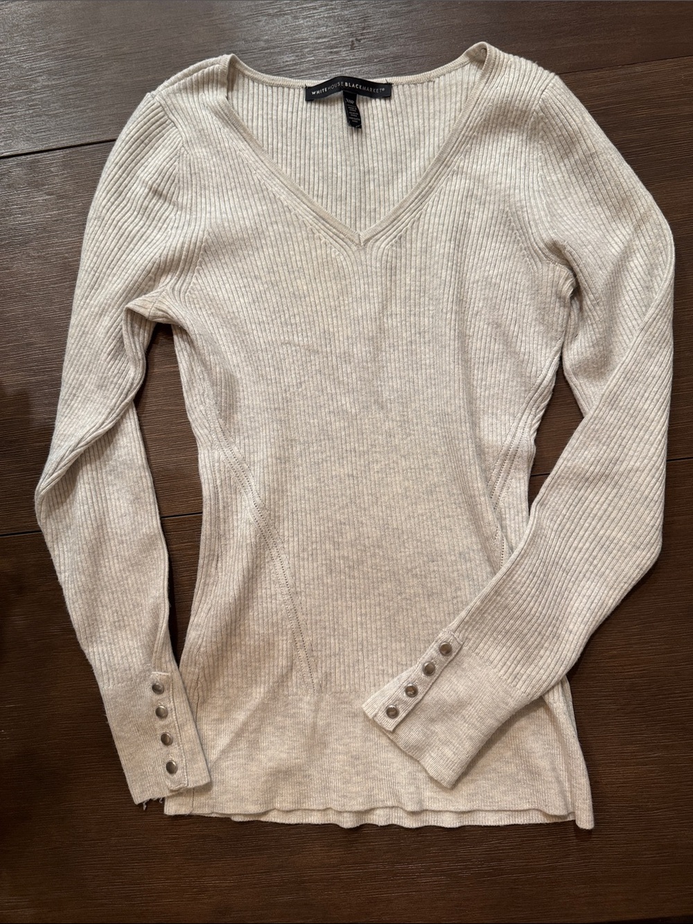 White House Black Market Cream Ribbed V-Neck Sweater Top